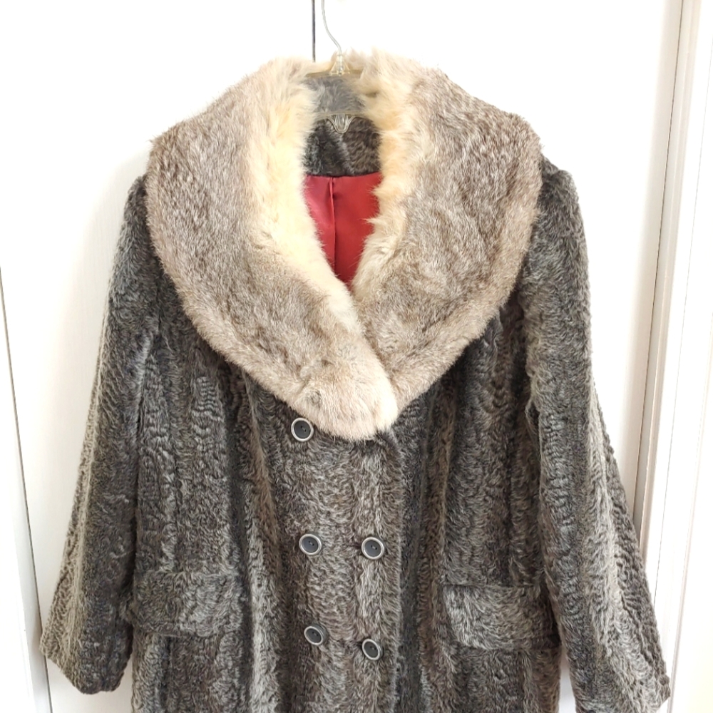Vintage Lamb Faux Fur Double Breasted Jacket with Fox Collar - Size 14